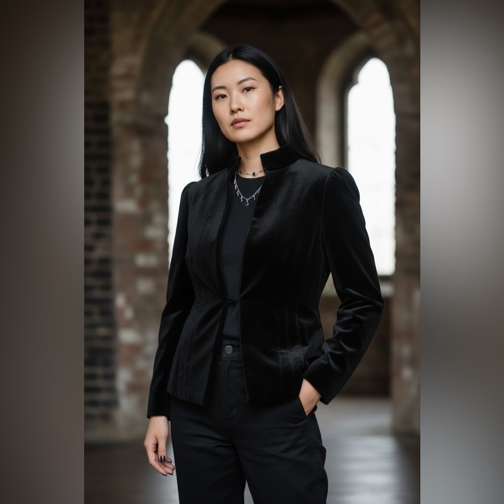 Vintage Black Velvet Blazer Boutique Europa Size 14 Open Front Structured